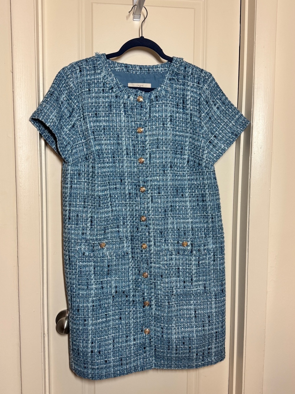 LOFT Blue Tweed Button-Down Shift Dress